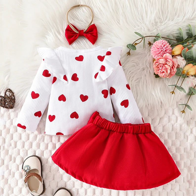 3-Piece Baby Girls Dress Set Floral Print Short Sleeve Ruffled Ribbed Tops Bow Long Skirt Headband Outfits for Summer