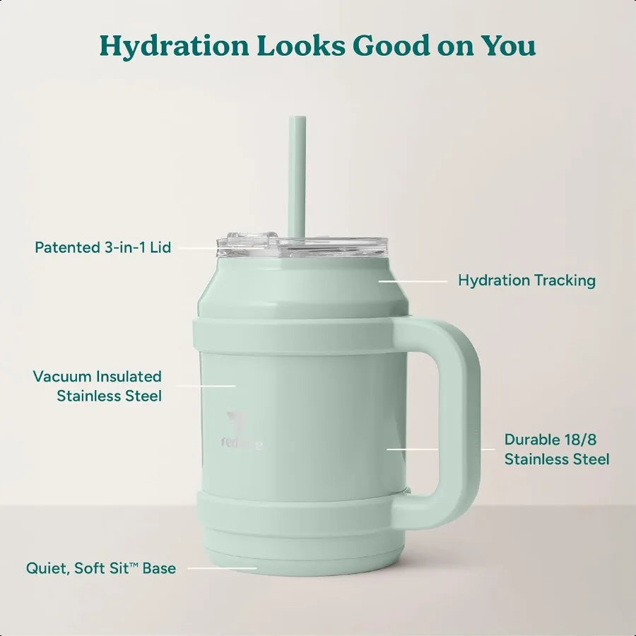 Reusable 50 oz Cold1 Water Tumbler Ergonomic Handle DoubleWall Insulation Sturdy Desktop Tabletop Mug with Lid and Straw BPAFre