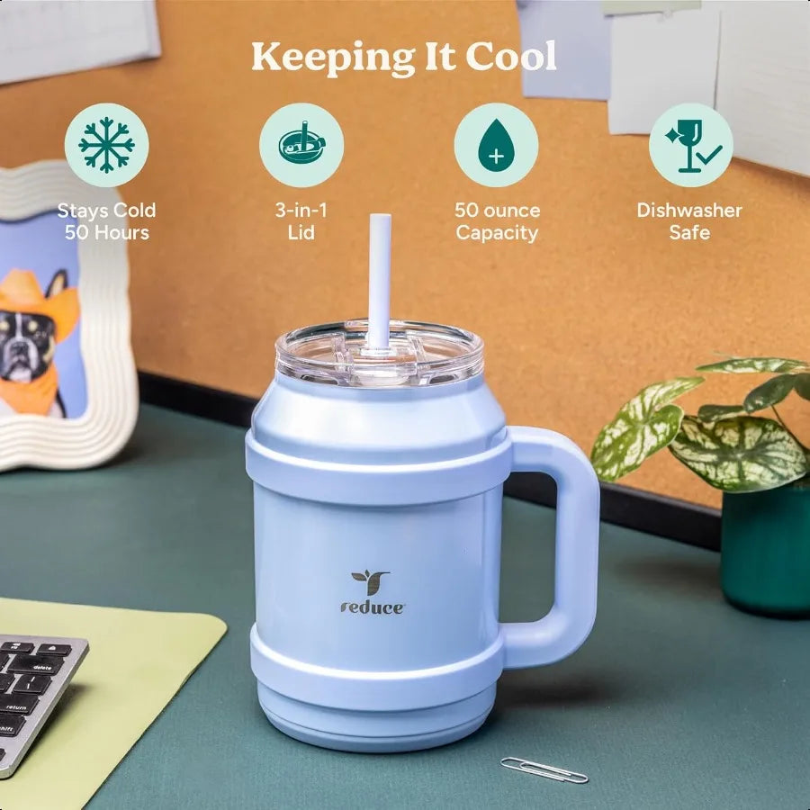 Reusable 50 oz Cold1 Water Tumbler Ergonomic Handle DoubleWall Insulation Sturdy Desktop Tabletop Mug with Lid and Straw BPAFre