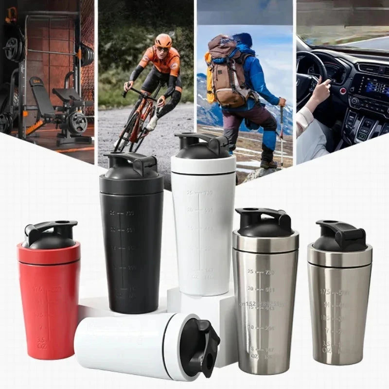 1pcs Stainless Steel Protein Powder Shaker Bottle with Ball Scale Leak Proof for Gym Fitness Sport Whey Shakes Water Cup