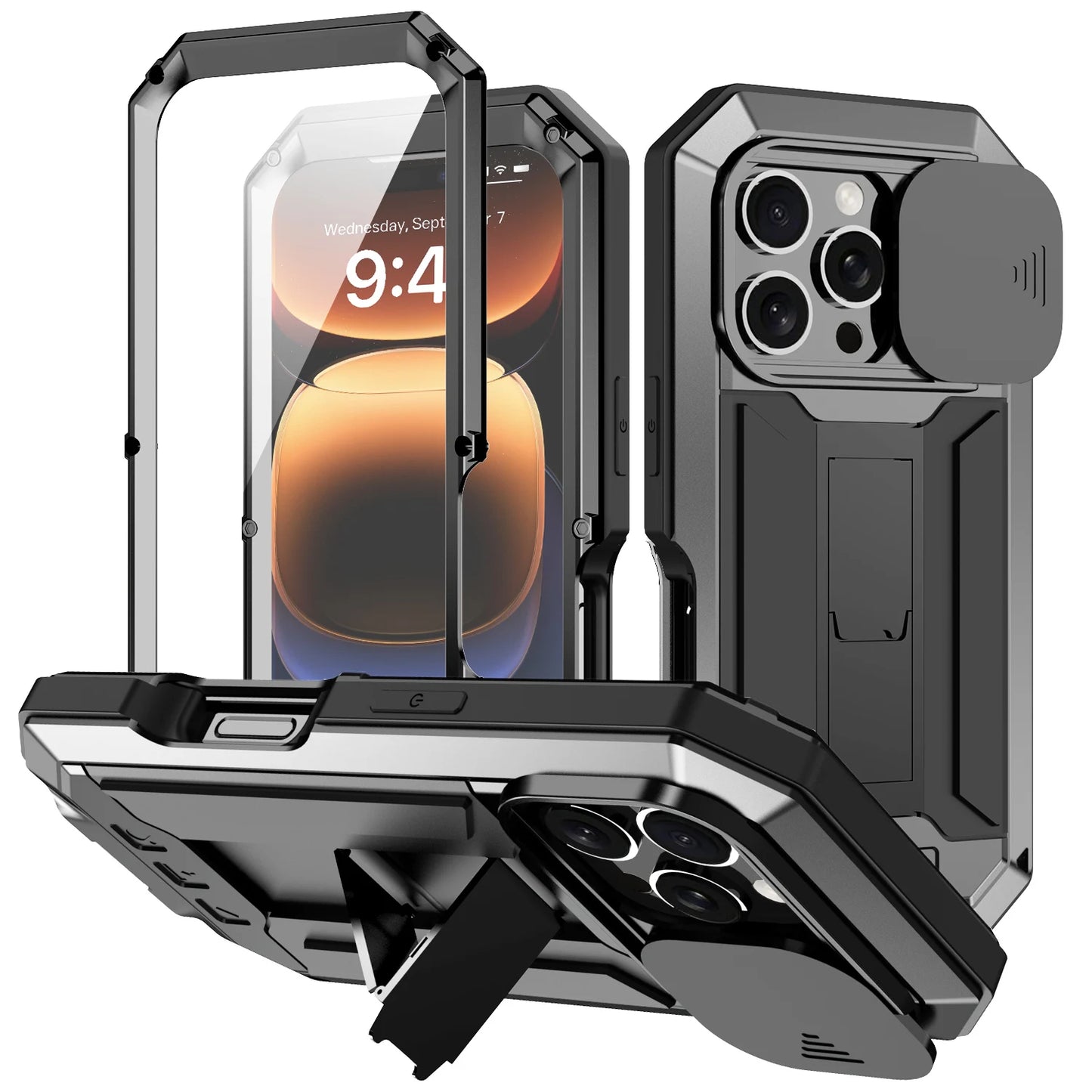 Rugged Metal Phone Case For iPhone 16e 15 14 Plus 13 Pro Max Heavy Military Shockproof Shell Slide Camera Cover Screen Protect