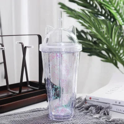 420ml Cat Ear Water Bottle for Girls with Sequins BPA FREE Double Wall Tumbler with Straw Reusable Smoothie Cup Drinkware