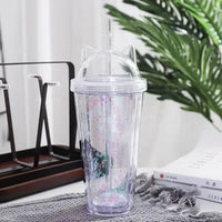 420ml Cat Ear Water Bottle for Girls with Sequins BPA FREE Double Wall Tumbler with Straw Reusable Smoothie Cup Drinkware