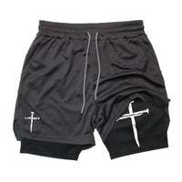 Cross Graphic 2 in 1 Workout Running Shorts for Men Christian Gym Performance Shorts with Phone Pocket Towel Loop Active Wear