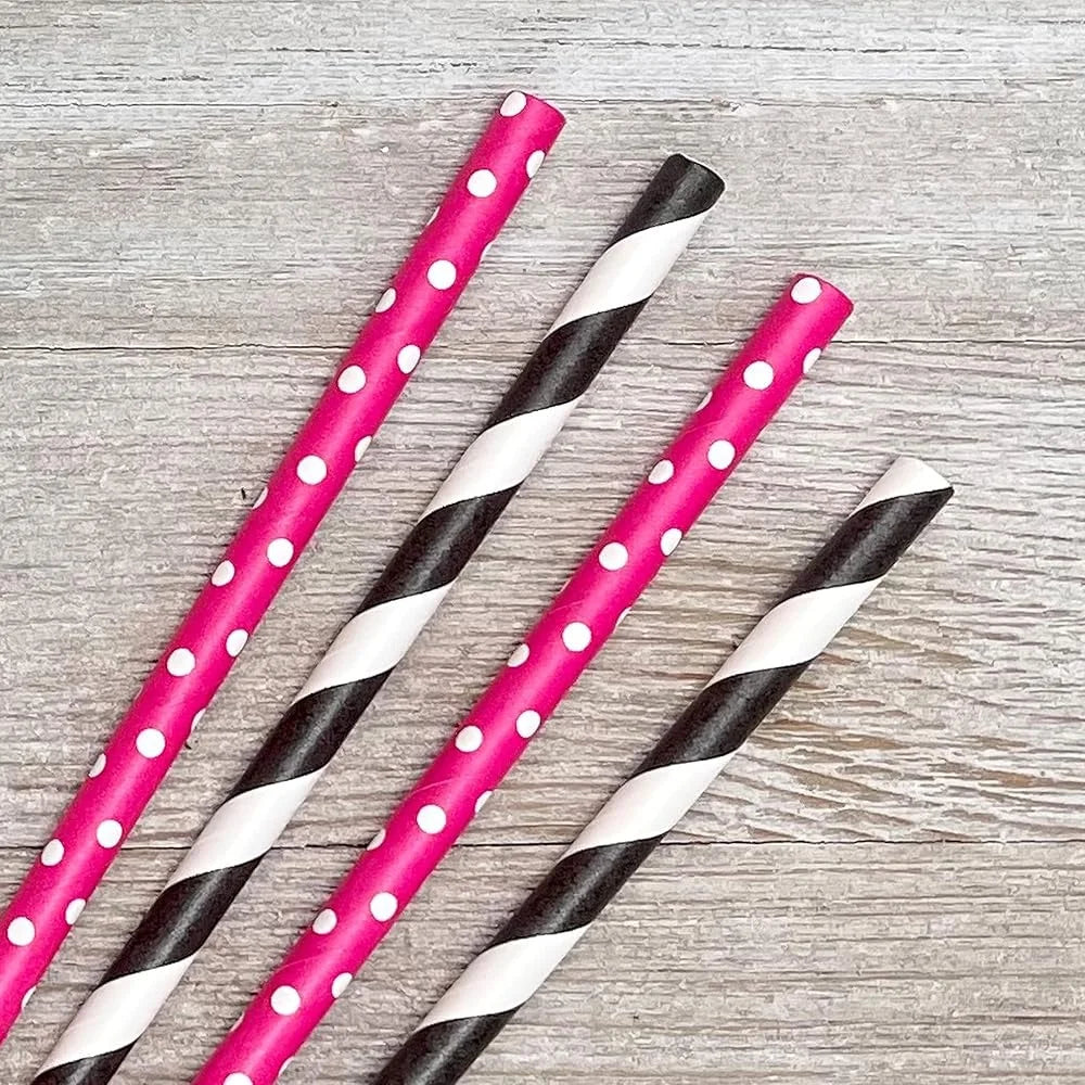 Diva Theme Biodegradable Paper Straws 100 Pack 7.75 Inch Stripe Polka Dot Perfect Parties Celebrations Events