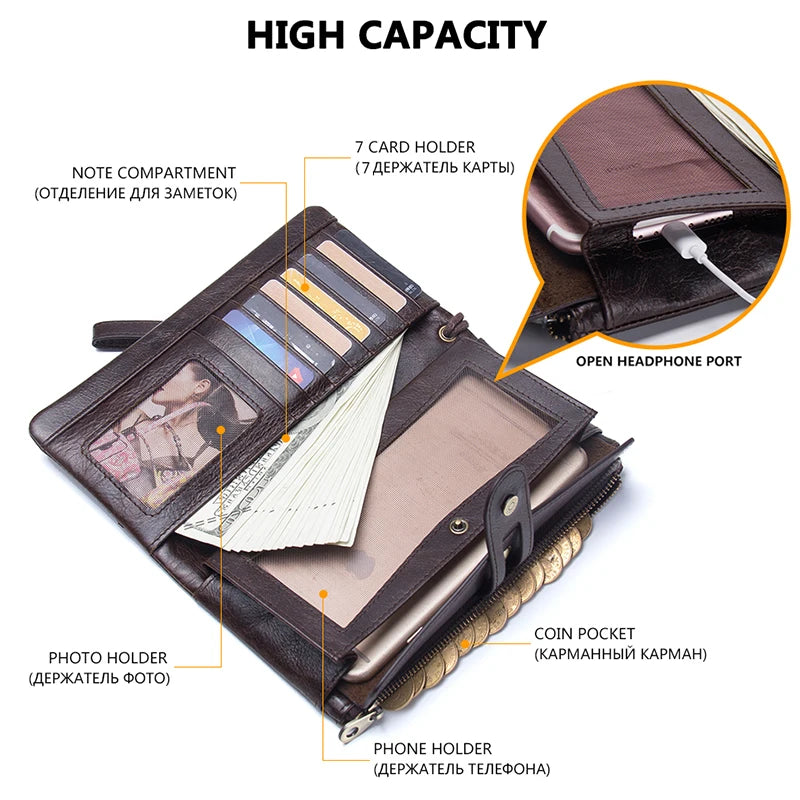 CONTACT'S Genuine Cow Leather Wallet Fashion Coin Purse For Ladies Women Long Clutch Wallets With Cell Phone Bags Card Holder