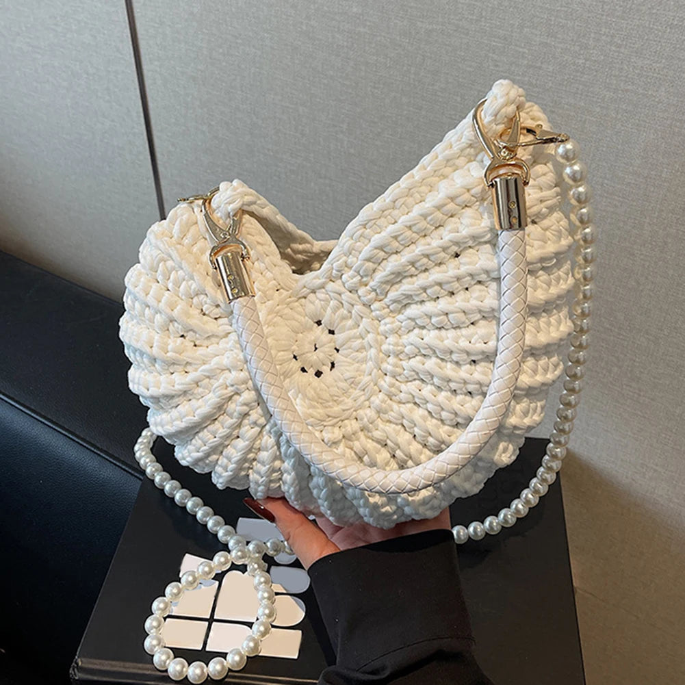 Handwoven Seashell Women Beach Shoulder Bag Multifunctional Pearls Chain Crossbody Bag Summer Boho Clutch for Vacation Travel