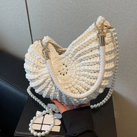 Handwoven Seashell Women Beach Shoulder Bag Multifunctional Pearls Chain Crossbody Bag Summer Boho Clutch for Vacation Travel