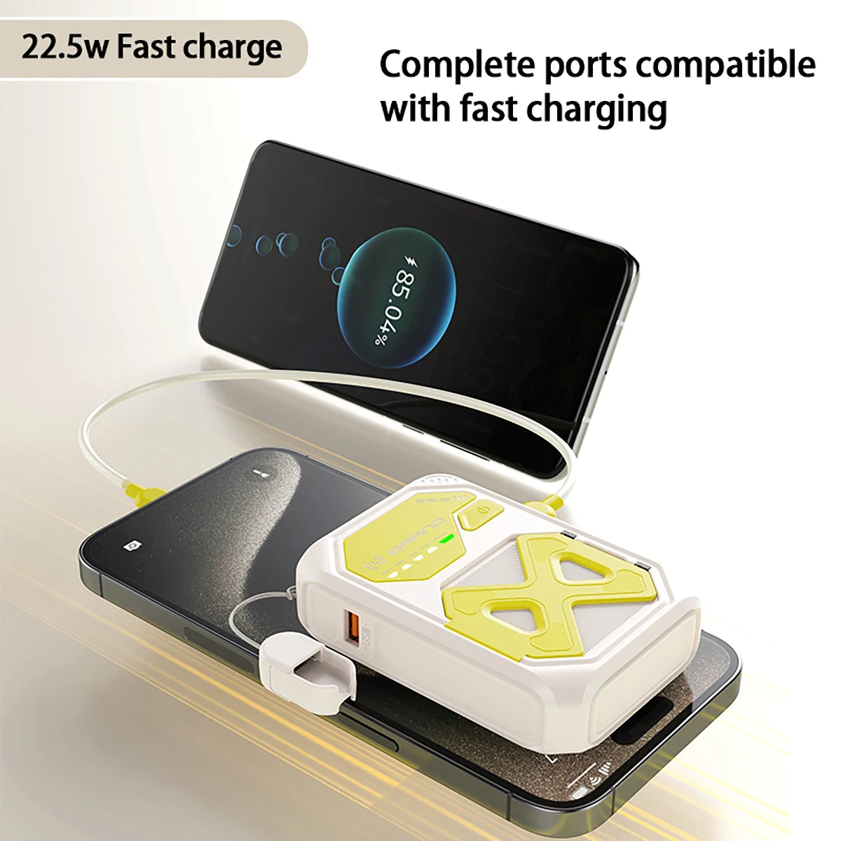 Magnetic Portable Wireless Charging Bank - 10000mAh, 22.5W fast charging, foldable AC plug, USB-C cable, built-in stand, multi-d