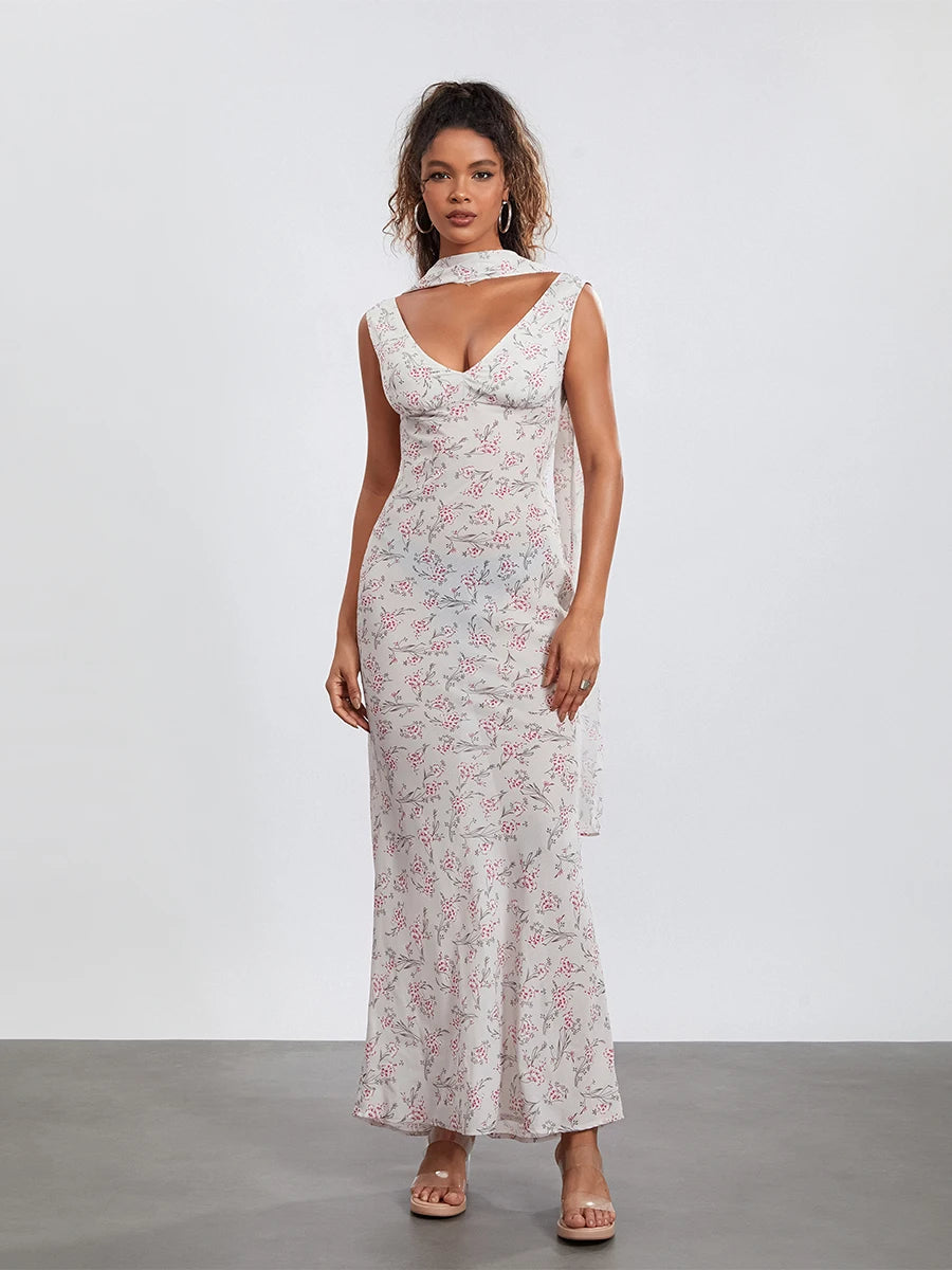 Women Sleeveless Tank Dress Casual Summer Floral Backless Party Dress with Headband for Cocktail Beach Club Streetwear