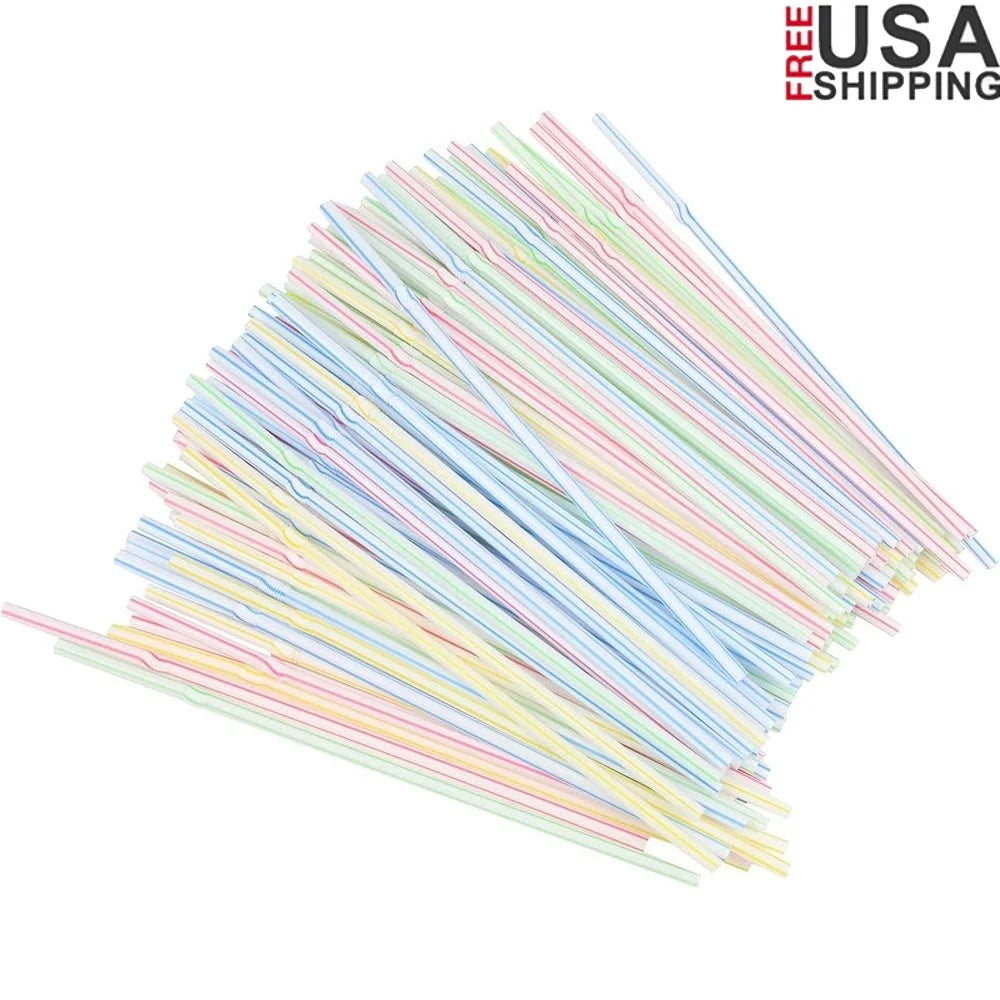 100 Piece Set Flexible Plastic Straws 8 Inch Disposable Assorted Colors Striped Design Parties Events Clean Up