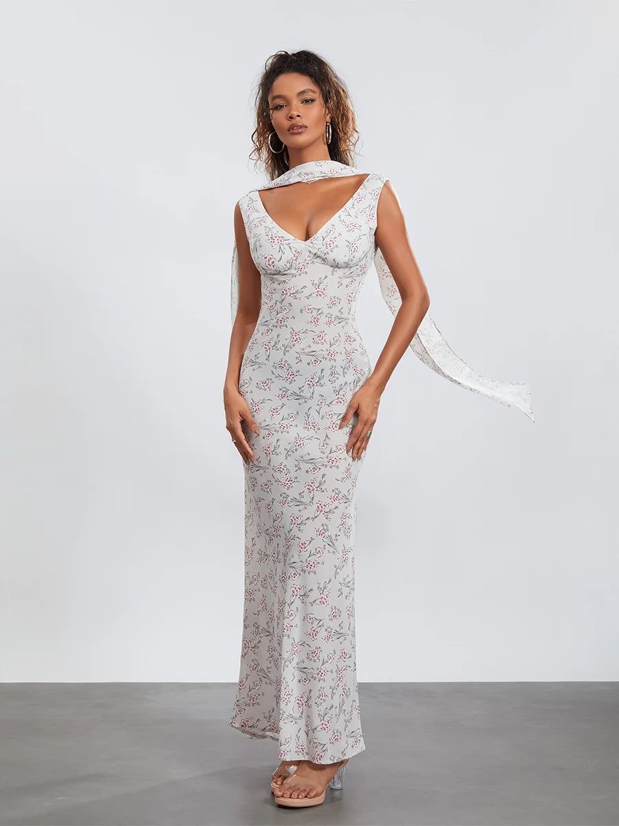 Women Sleeveless Tank Dress Casual Summer Floral Backless Party Dress with Headband for Cocktail Beach Club Streetwear