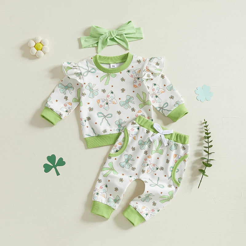 St Patrick s Day Baby Girl Outfits Green Shamrock Print Ruffle Sleeve Top Pants Headband 3Pcs Clothing Set for Toddler