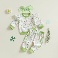 St Patrick s Day Baby Girl Outfits Green Shamrock Print Ruffle Sleeve Top Pants Headband 3Pcs Clothing Set for Toddler
