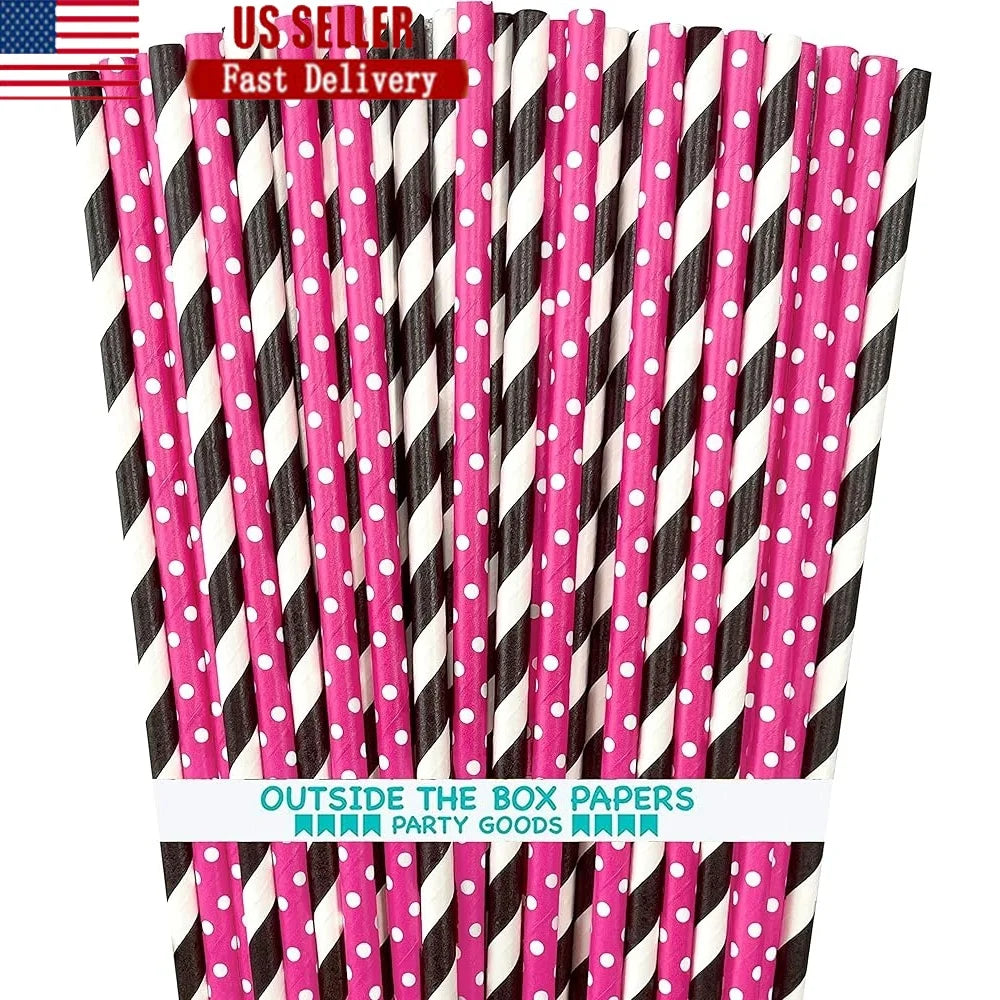 Diva Theme Biodegradable Paper Straws 100 Pack 7.75 Inch Stripe Polka Dot Perfect Parties Celebrations Events