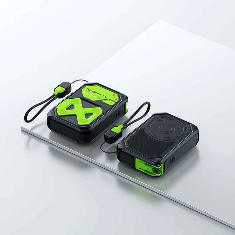 Magnetic Portable Wireless Charging Bank - 10000mAh, 22.5W fast charging, foldable AC plug, USB-C cable, built-in stand, multi-d