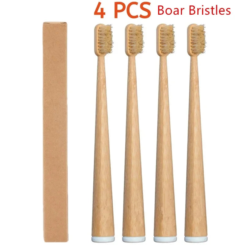 4-Pack Natural Bristle Bamboo Toothbrushes Boar Hair Bristle & Bambu Toothbrush Totally Compostable & Biodegradable