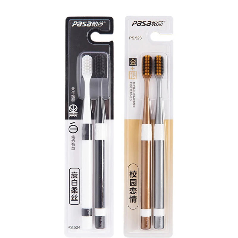 2 Pcs Bamboo Charcoal Toothbrushes Ultra-Fine  Bristle Cleaning, Family Outfit Couple Adult Fine Bristle Toothbrush Set