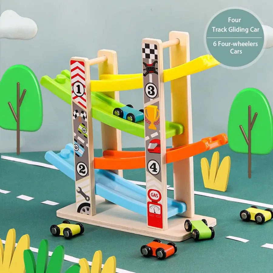 7 Track Wooden Ramp Racing Toddler Toys Car Set Montessori Educational Game Mini Inertia Slide Roller Coaster Christmas Gifts