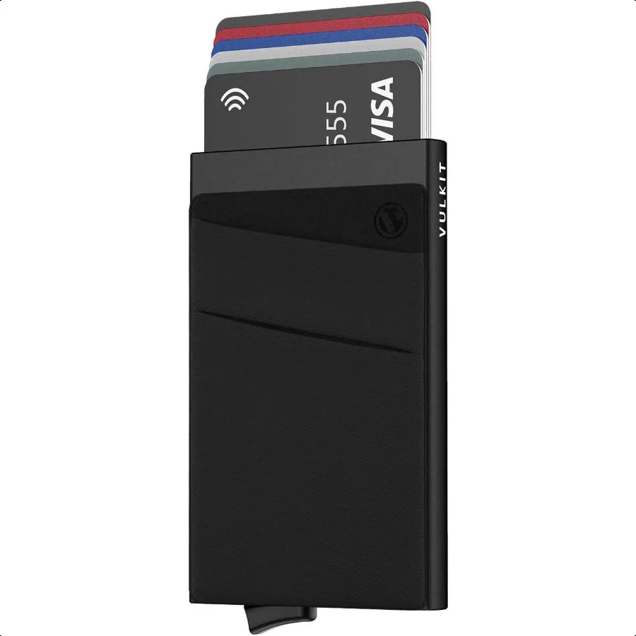 VULKIT Card Holder with Money Pocket Pop Up Wallet RFID Blocking Slim Metal Bank Card Case Holds 5 Cards and Notes Black