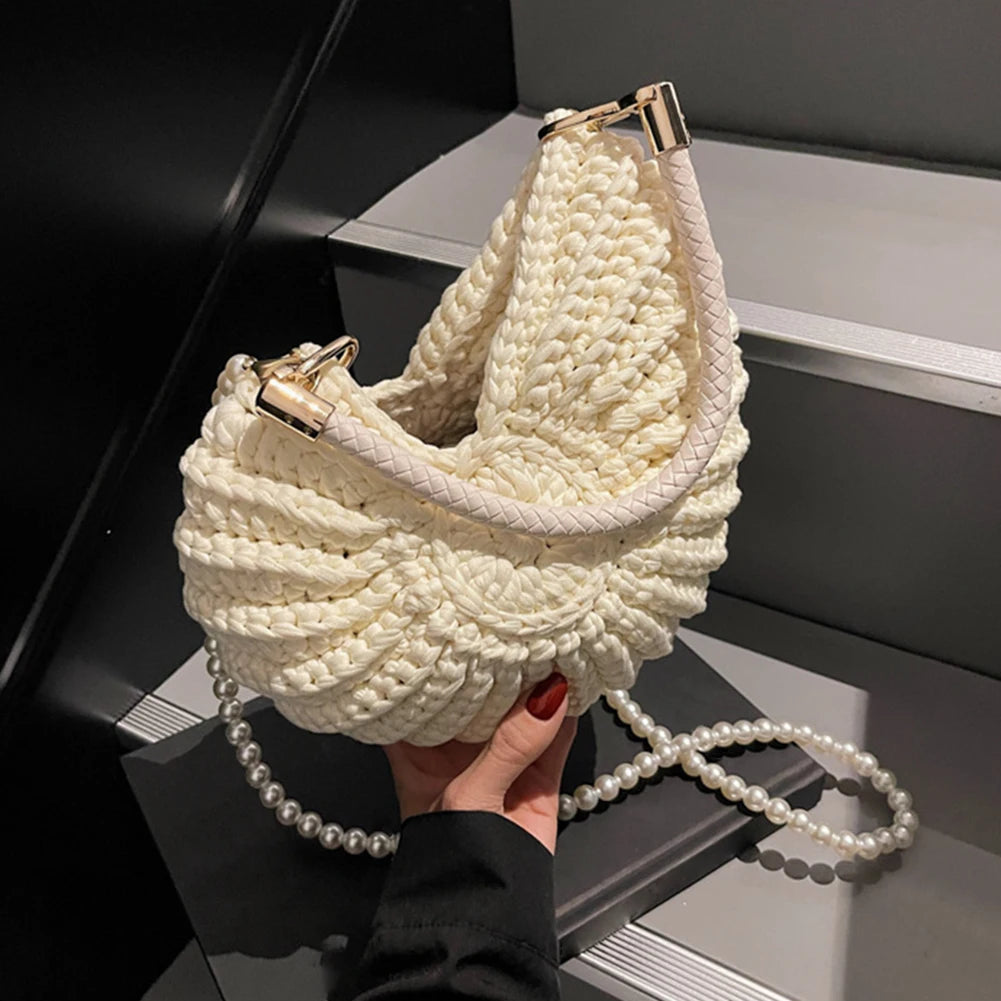 Handwoven Seashell Women Beach Shoulder Bag Multifunctional Pearls Chain Crossbody Bag Summer Boho Clutch for Vacation Travel