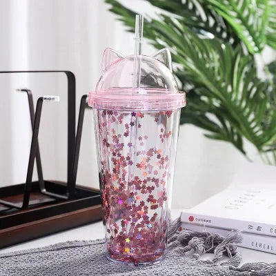 420ml Cat Ear Water Bottle for Girls with Sequins BPA FREE Double Wall Tumbler with Straw Reusable Smoothie Cup Drinkware