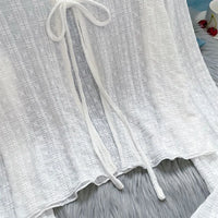 2024 White Tie Up Summer Cardigan Women Sexy Long Sleeve Sheer Mesh Crop Tops Woman Chic All Match Short Printed T Shirt Mujer