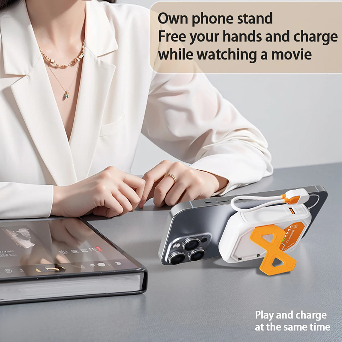 Magnetic Portable Wireless Charging Bank - 10000mAh, 22.5W fast charging, foldable AC plug, USB-C cable, built-in stand, multi-d