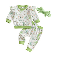 St Patrick s Day Baby Girl Outfits Green Shamrock Print Ruffle Sleeve Top Pants Headband 3Pcs Clothing Set for Toddler