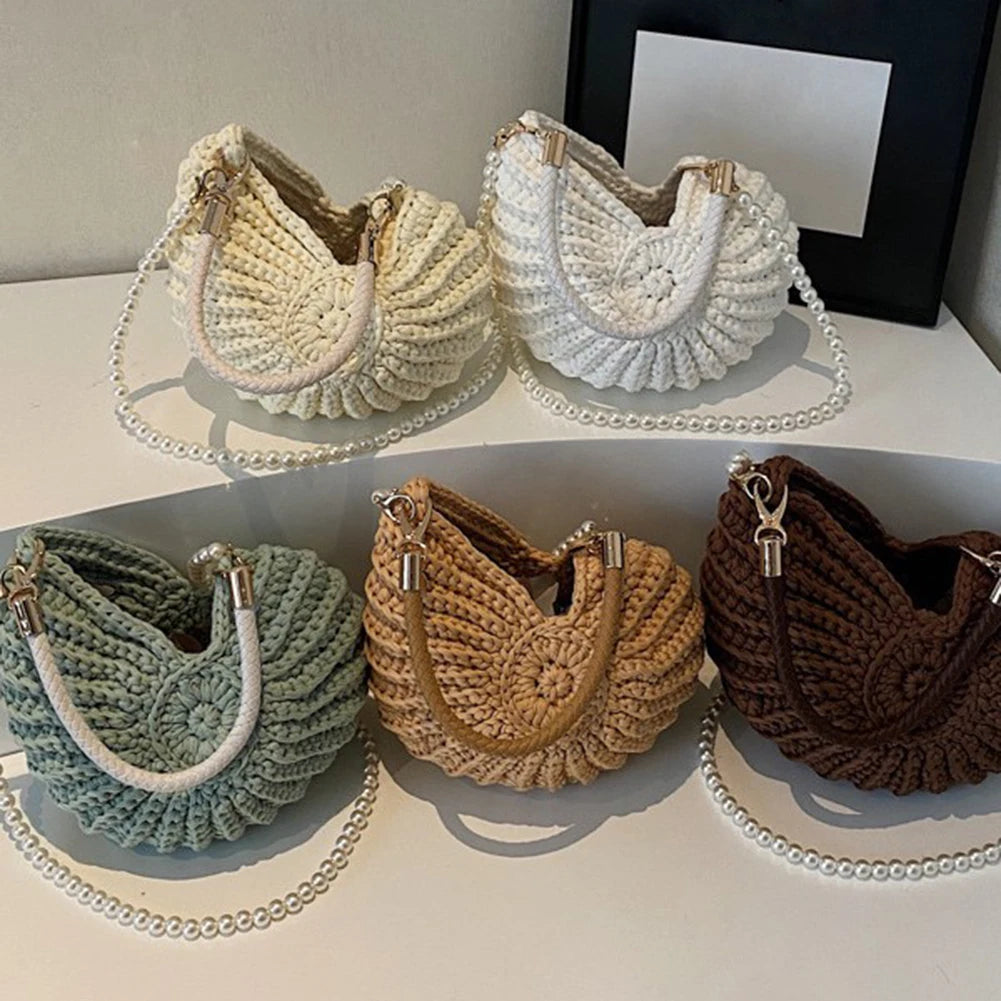 Handwoven Seashell Women Beach Shoulder Bag Multifunctional Pearls Chain Crossbody Bag Summer Boho Clutch for Vacation Travel