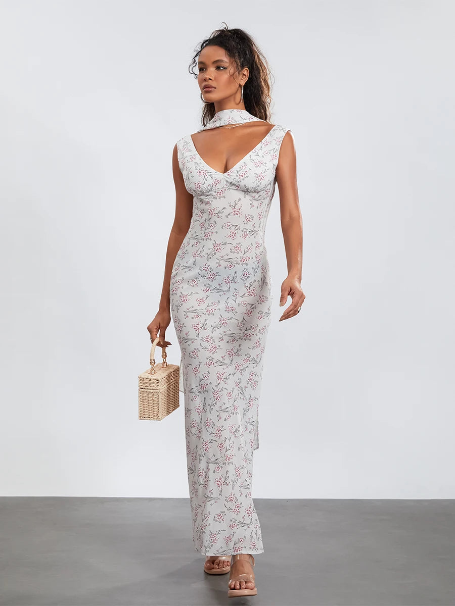 Women Sleeveless Tank Dress Casual Summer Floral Backless Party Dress with Headband for Cocktail Beach Club Streetwear