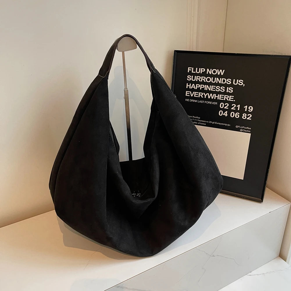 Female Bag Suede Quality Shoulder Bag with Zipper Solid Casual Top-Handle Bags Large Capacity Women Underarm Bag Travel Tote Bag