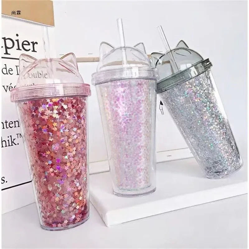 420ml Cat Ear Water Bottle for Girls with Sequins BPA FREE Double Wall Tumbler with Straw Reusable Smoothie Cup Drinkware