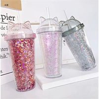 420ml Cat Ear Water Bottle for Girls with Sequins BPA FREE Double Wall Tumbler with Straw Reusable Smoothie Cup Drinkware