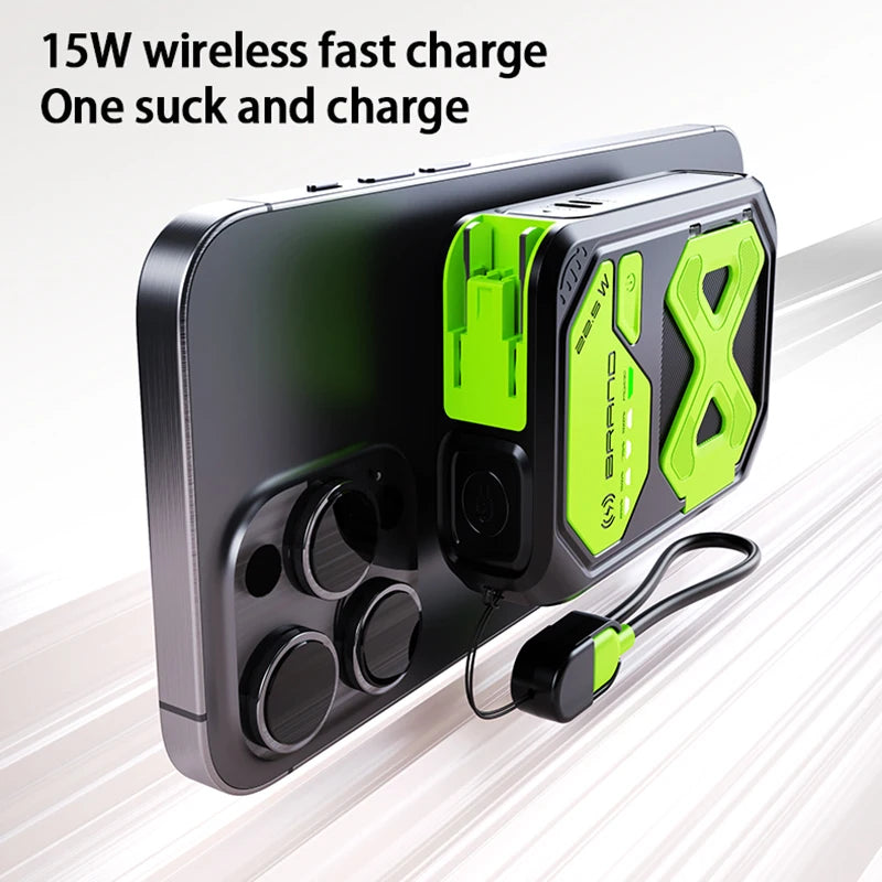 Magnetic Portable Wireless Charging Bank - 10000mAh, 22.5W fast charging, foldable AC plug, USB-C cable, built-in stand, multi-d