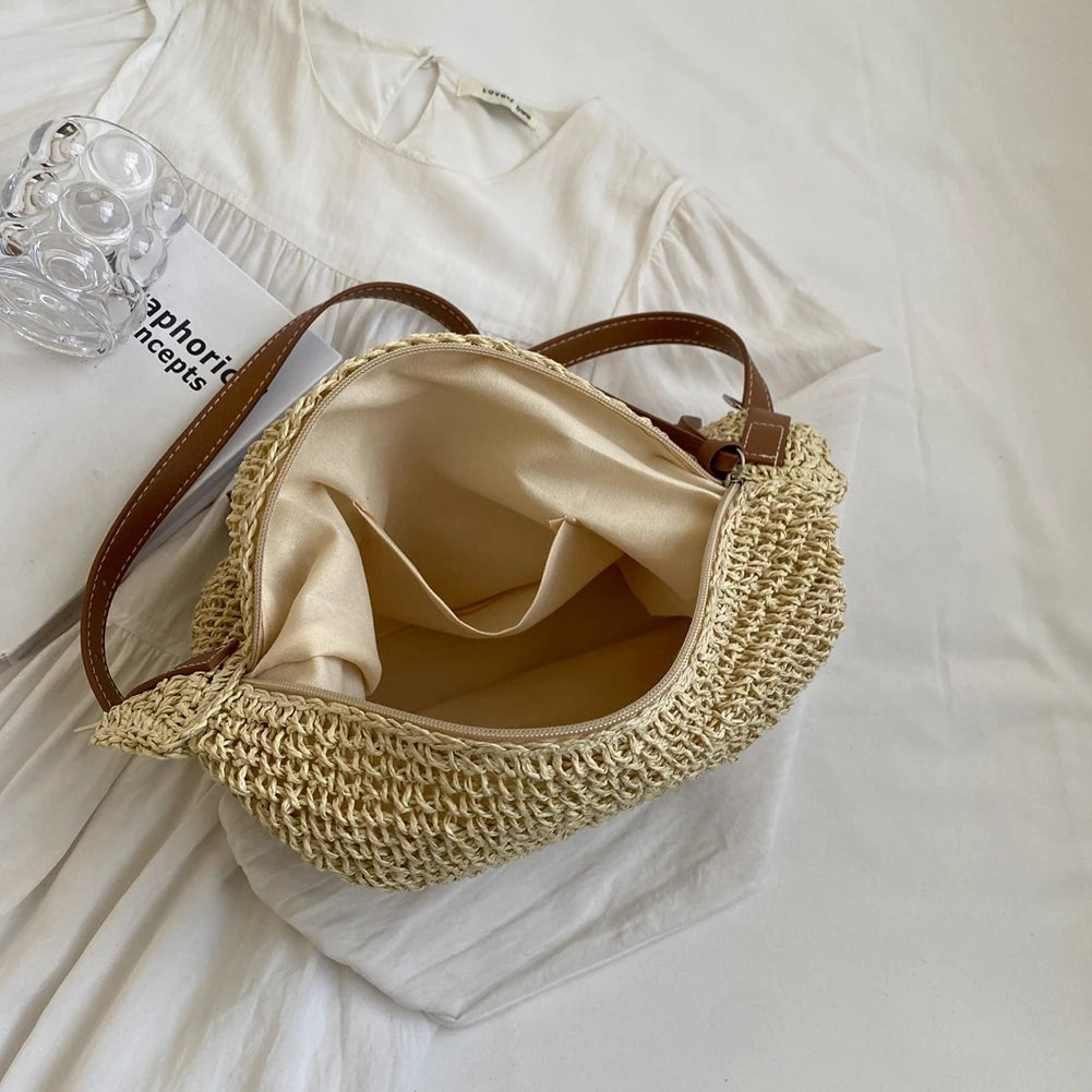 Elegant Woven Crossbody Bag Handmade Straw Messenger Bag Paper Rope Fashion Casual Simple Strap Adjustable Summer Beach Bag