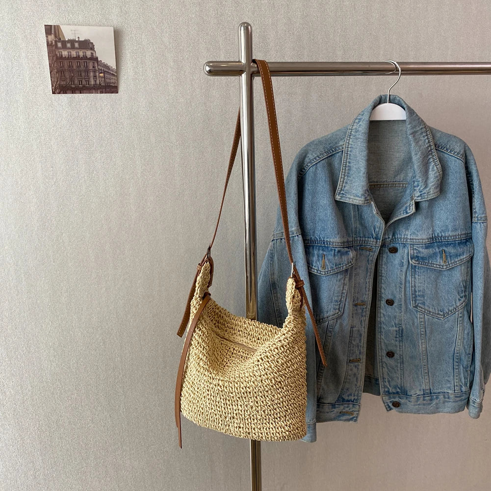 Elegant Woven Crossbody Bag Handmade Straw Messenger Bag Paper Rope Fashion Casual Simple Strap Adjustable Summer Beach Bag