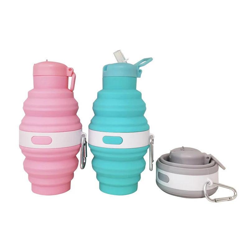 Reusable 475ml Collapsible Water Bottles Retractable Portable Hiking Cups With Carabiner Silicone Folding Drink Cups Sport