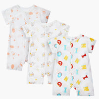 MICHLEY 3pcs Baby Short-Sleeve Rompers Long-Sleeve Jumpsuit Bodysuit Soft White Cartoon Infant Clothes Overalls  For Boys Girls