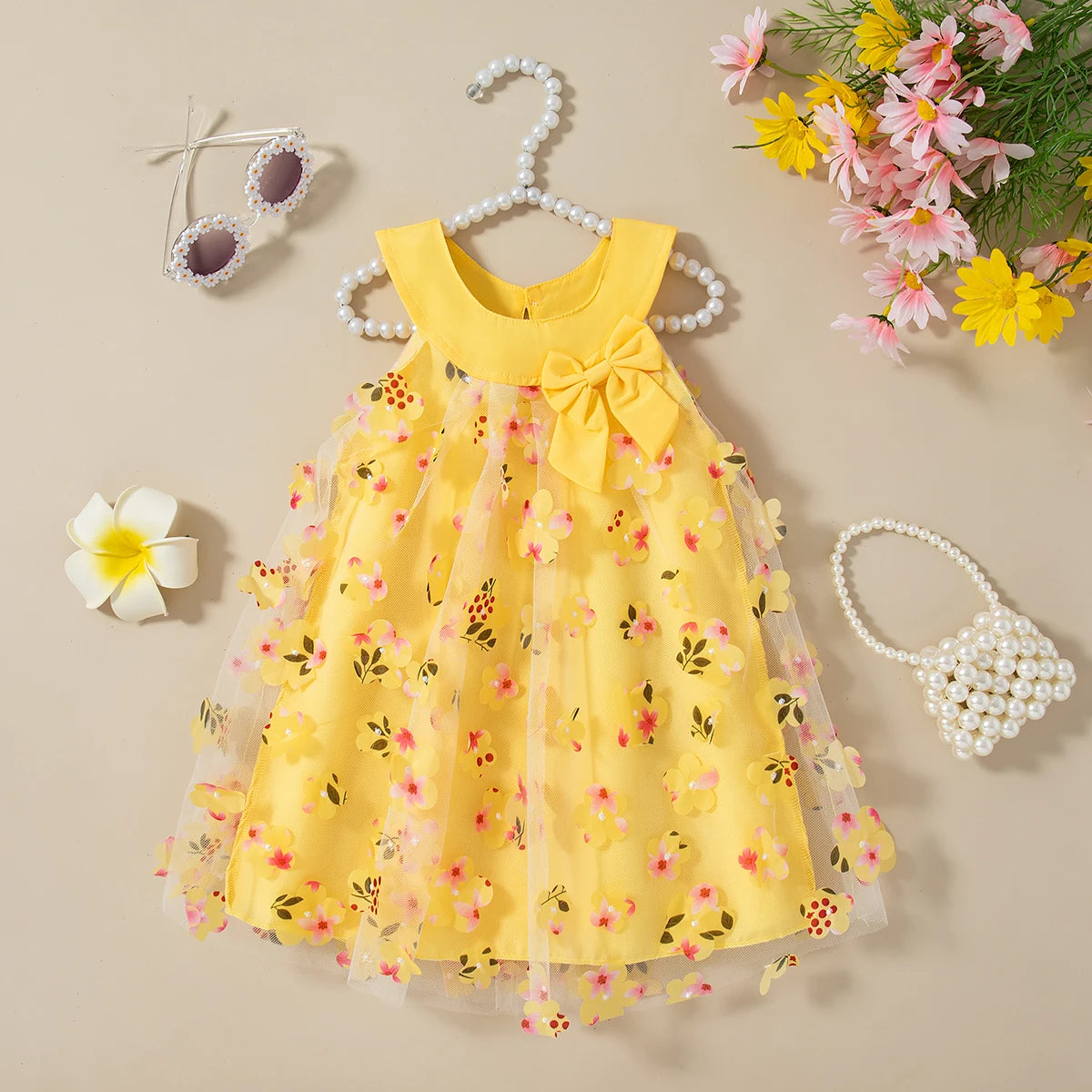 (0-3 Years Old) Summer Mesh All Over Flower Bow Baby Girl Dress Cute Sleeveless Girl Princess Dress