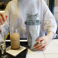 420ml Cat Ear Water Bottle for Girls with Sequins BPA FREE Double Wall Tumbler with Straw Reusable Smoothie Cup Drinkware