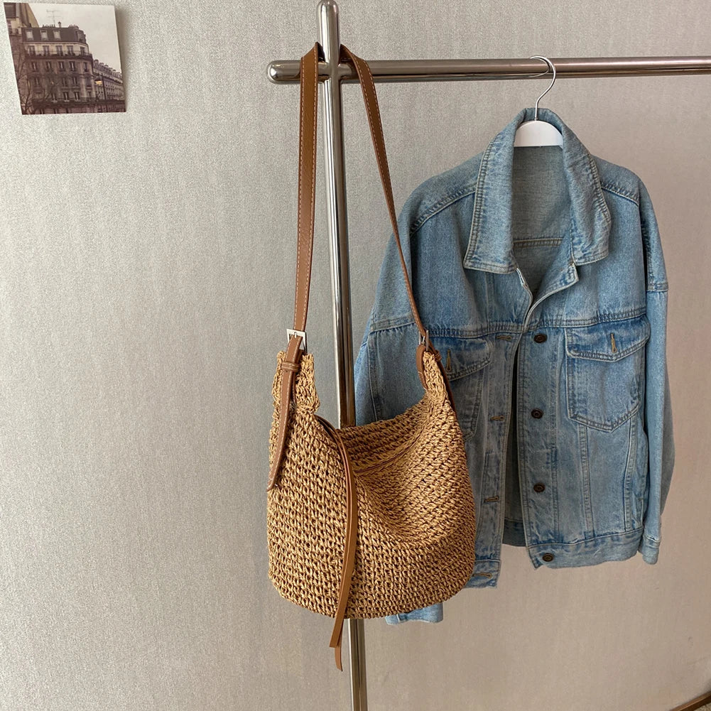 Elegant Woven Crossbody Bag Handmade Straw Messenger Bag Paper Rope Fashion Casual Simple Strap Adjustable Summer Beach Bag