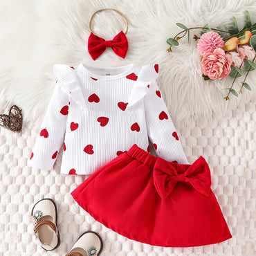 3-Piece Baby Girls Dress Set Floral Print Short Sleeve Ruffled Ribbed Tops Bow Long Skirt Headband Outfits for Summer