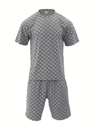 Men's Summer Jacquard Plaid Short-Sleeve T-Shirt And Loose Straight-Leg Casual Shorts Set