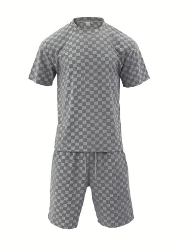Men's Summer Jacquard Plaid Short-Sleeve T-Shirt And Loose Straight-Leg Casual Shorts Set